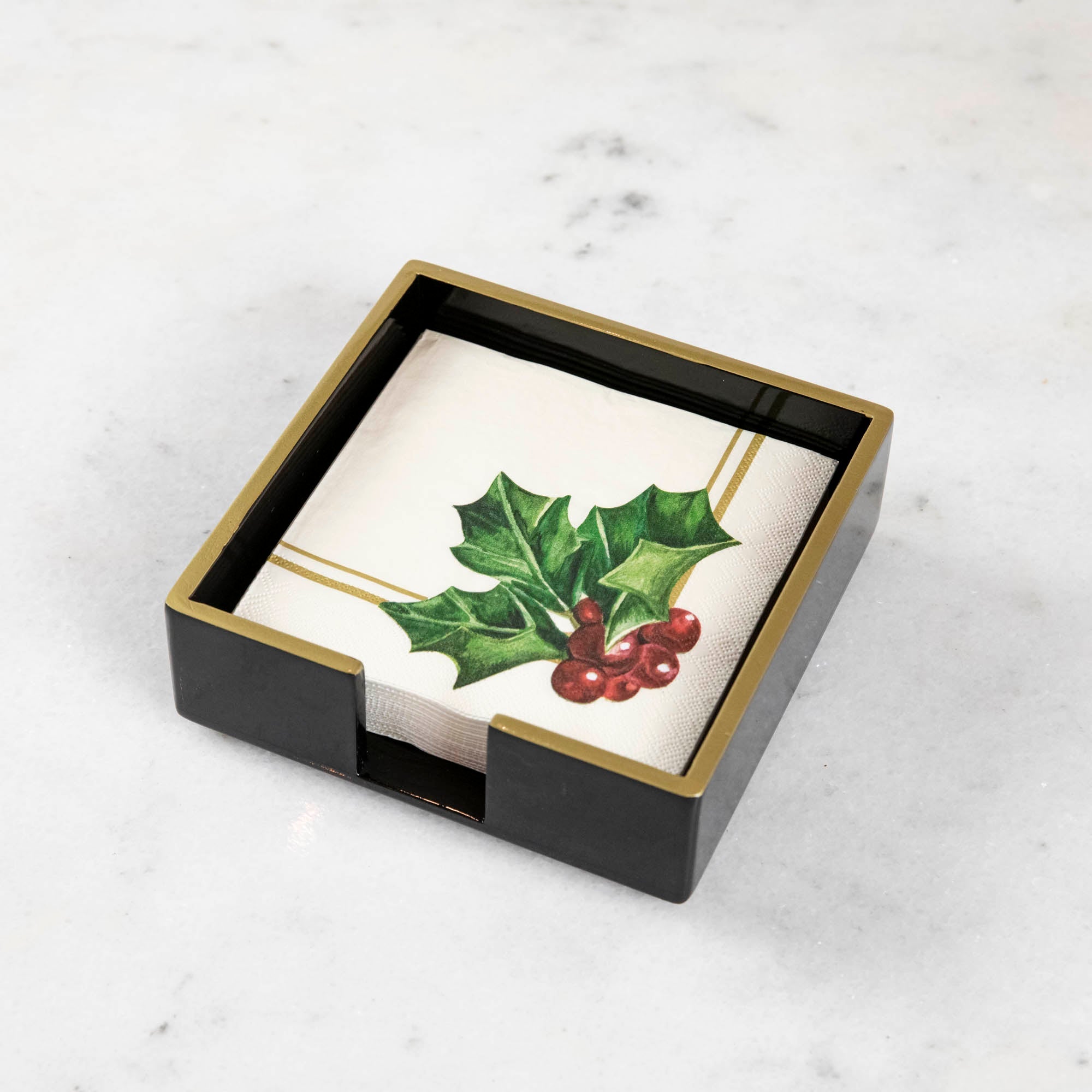 Black Beverage Napkin Holder with Gold Trim