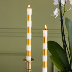 Cream & Gold Striped Taper Candles, Set of 2