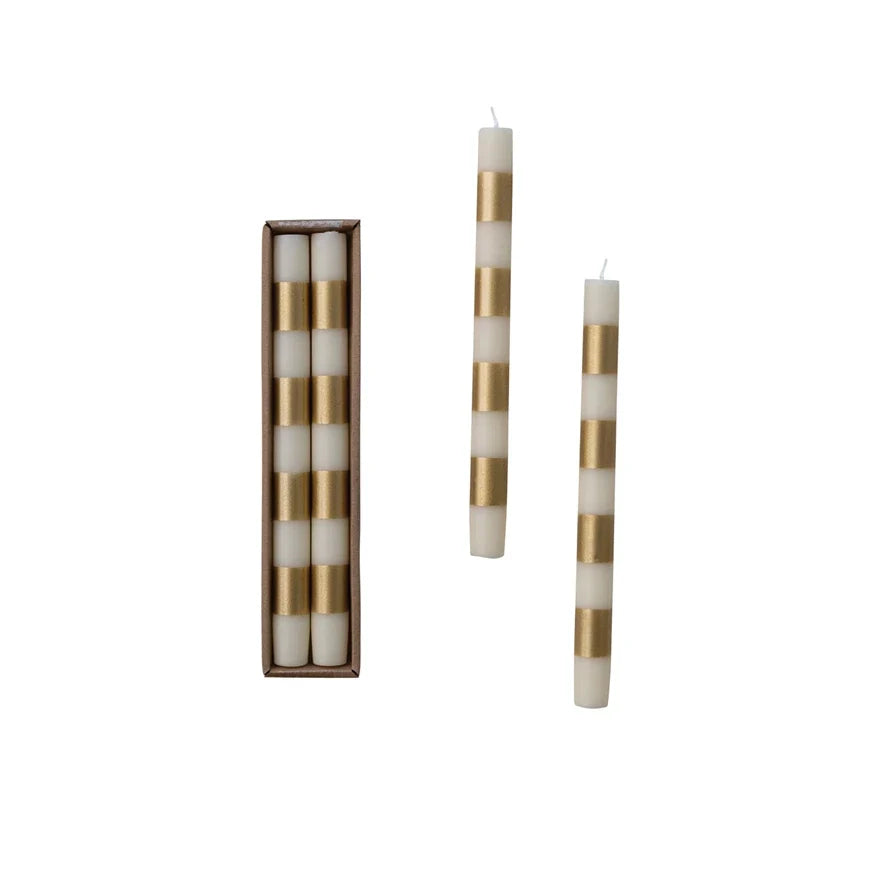 Cream & Gold Striped Taper Candles, Set of 2