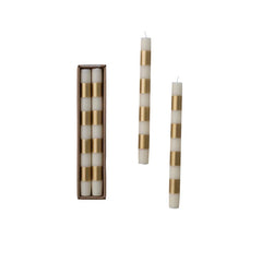 Cream & Gold Striped Taper Candles, Set of 2